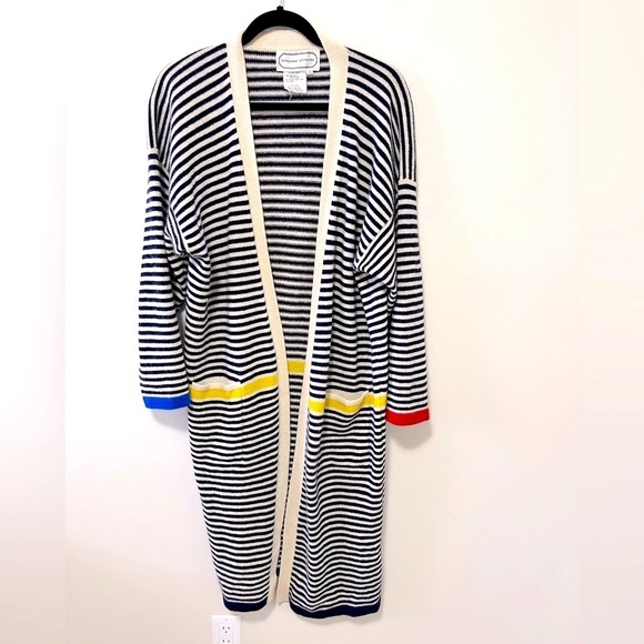 VINTAGE ADRIENNE VITTADINI LAMBSWOOL ANGORA STRIPED LONG CARDIGAN COAT SIZE S - Picture 1 of 7